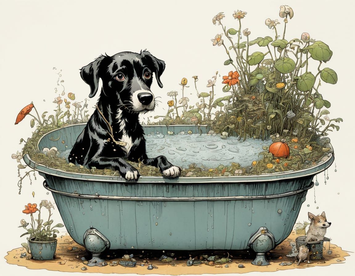 The Cute Boy Bathes His Dog in a Zinc Tub, in Intricate Cart...