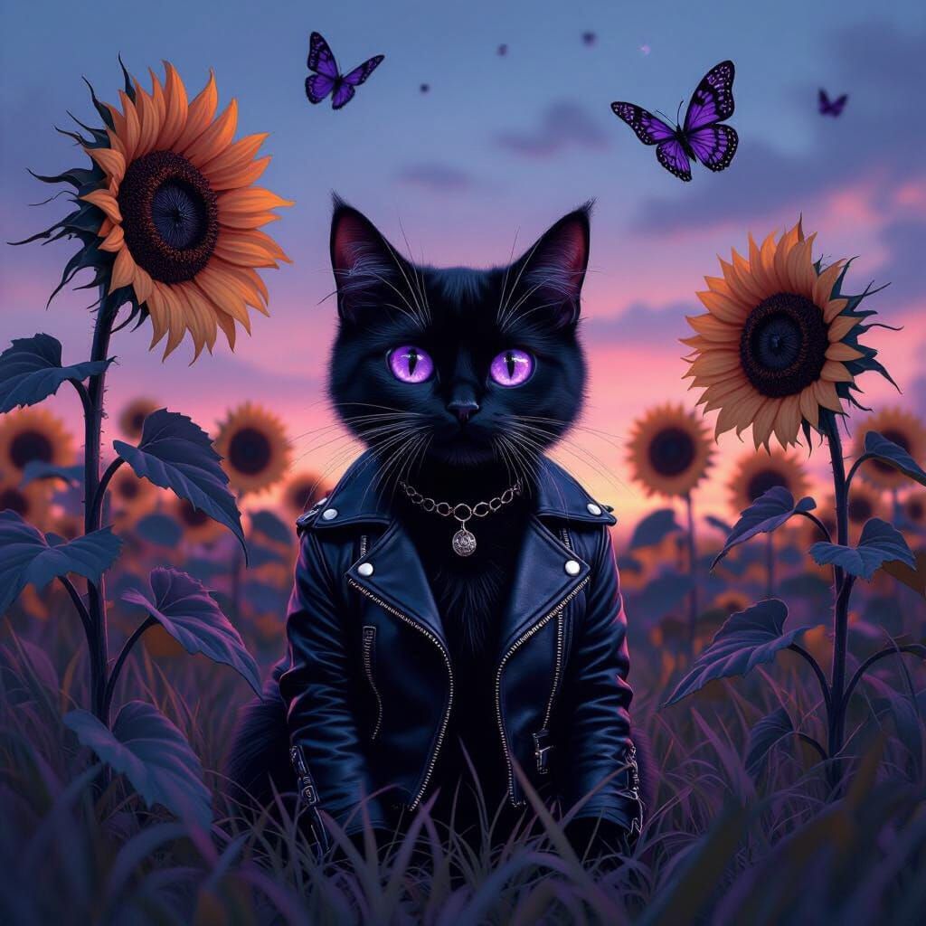 Emo Cat in Gothic Sunflower Field Under Twilight Sky