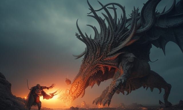 Knight Battles Elemental Beast in Gothic Horror Style