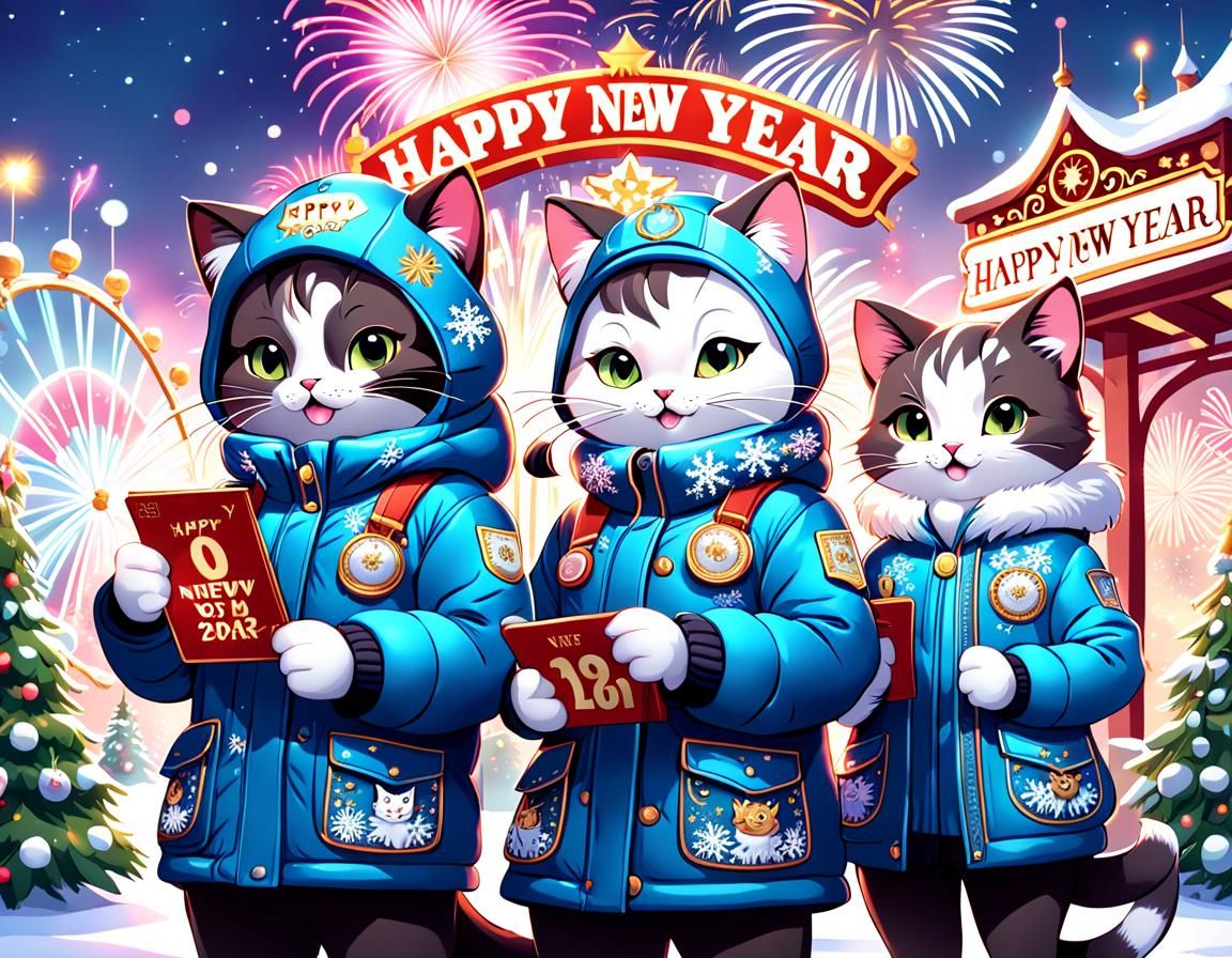 Anthropomorphic Cats Celebrate New Year in Winter Wonderland