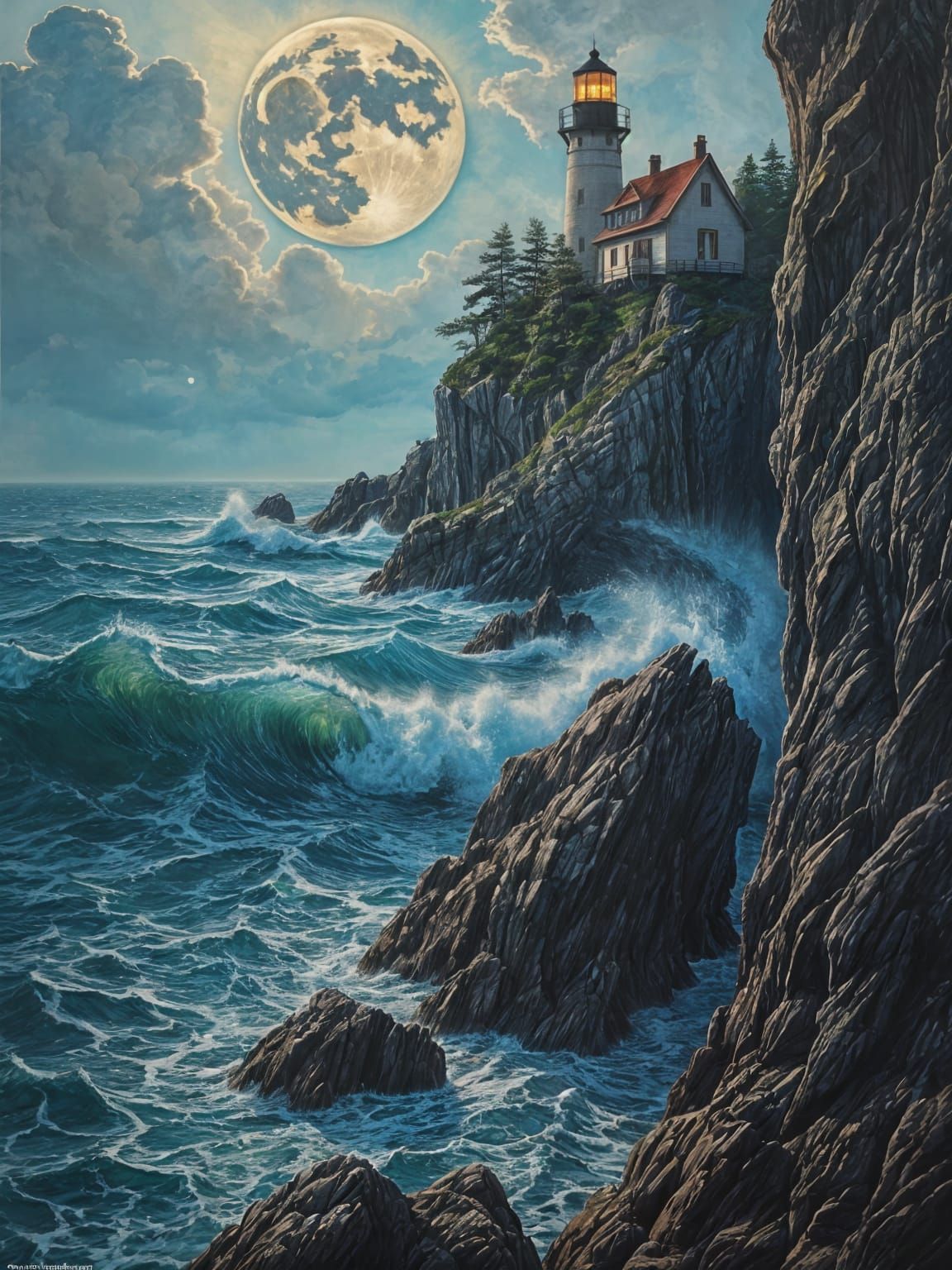 Watercolor Lighthouse on Rocky Crag at Night