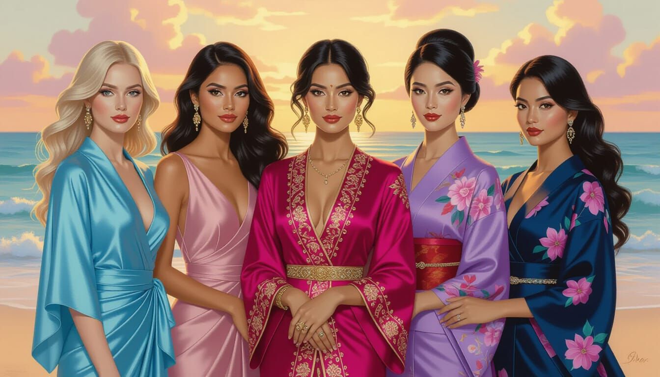 Diverse Women on Tropical Beach: Oil Painting