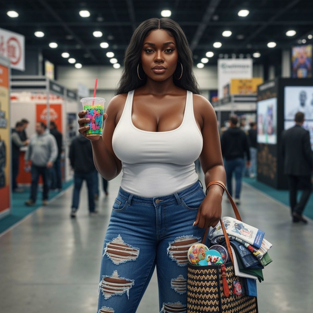 Plus Size Black Woman at Convention, Holding Drink and Merch