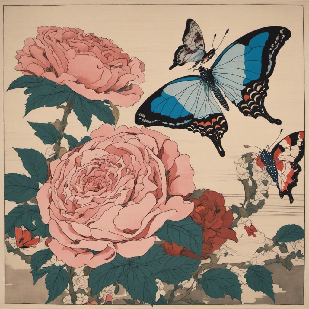 Ukiyo-e Wood Print: Roses and Butterflies