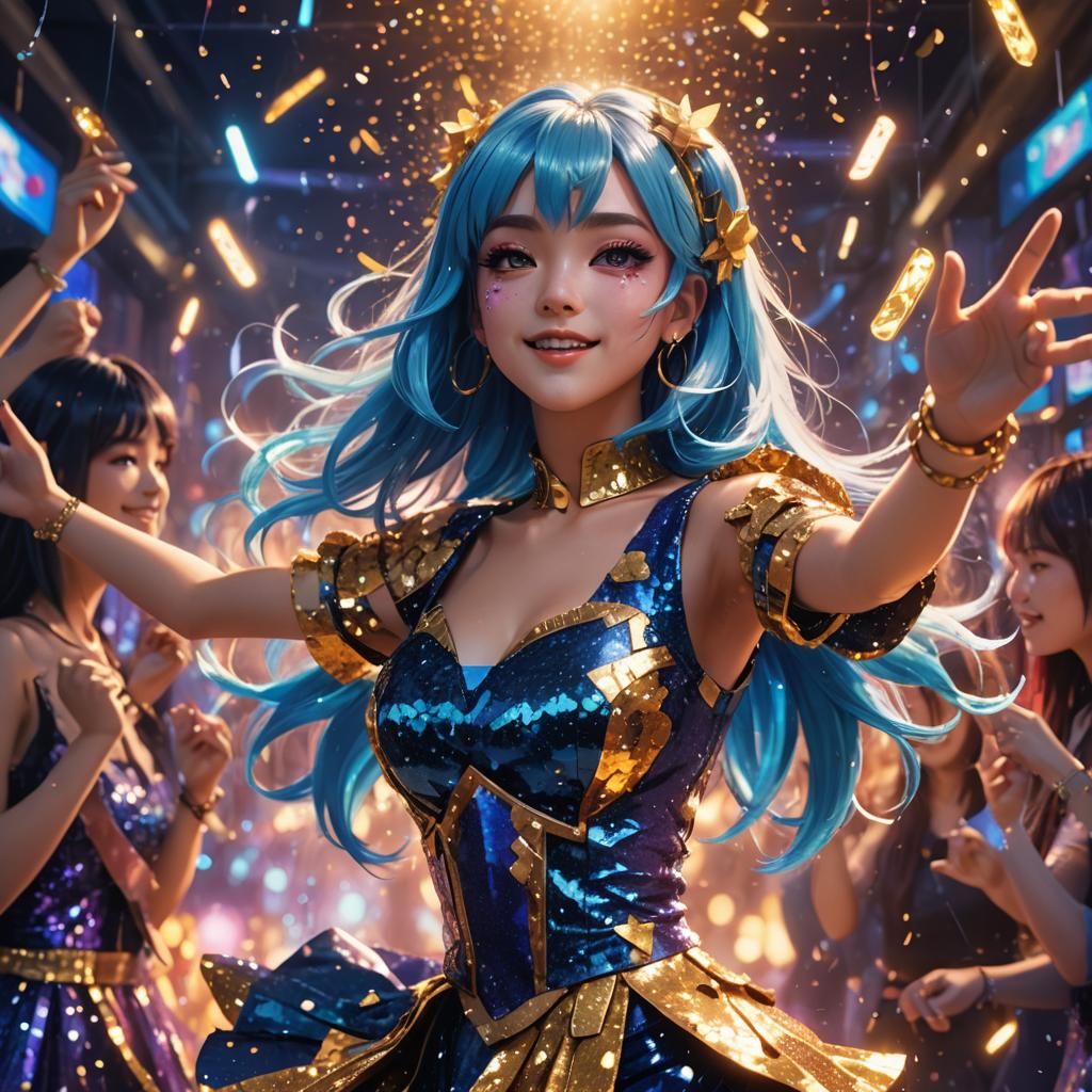 Anime Girl Dancing in Vibrant Fantasy Party Scene