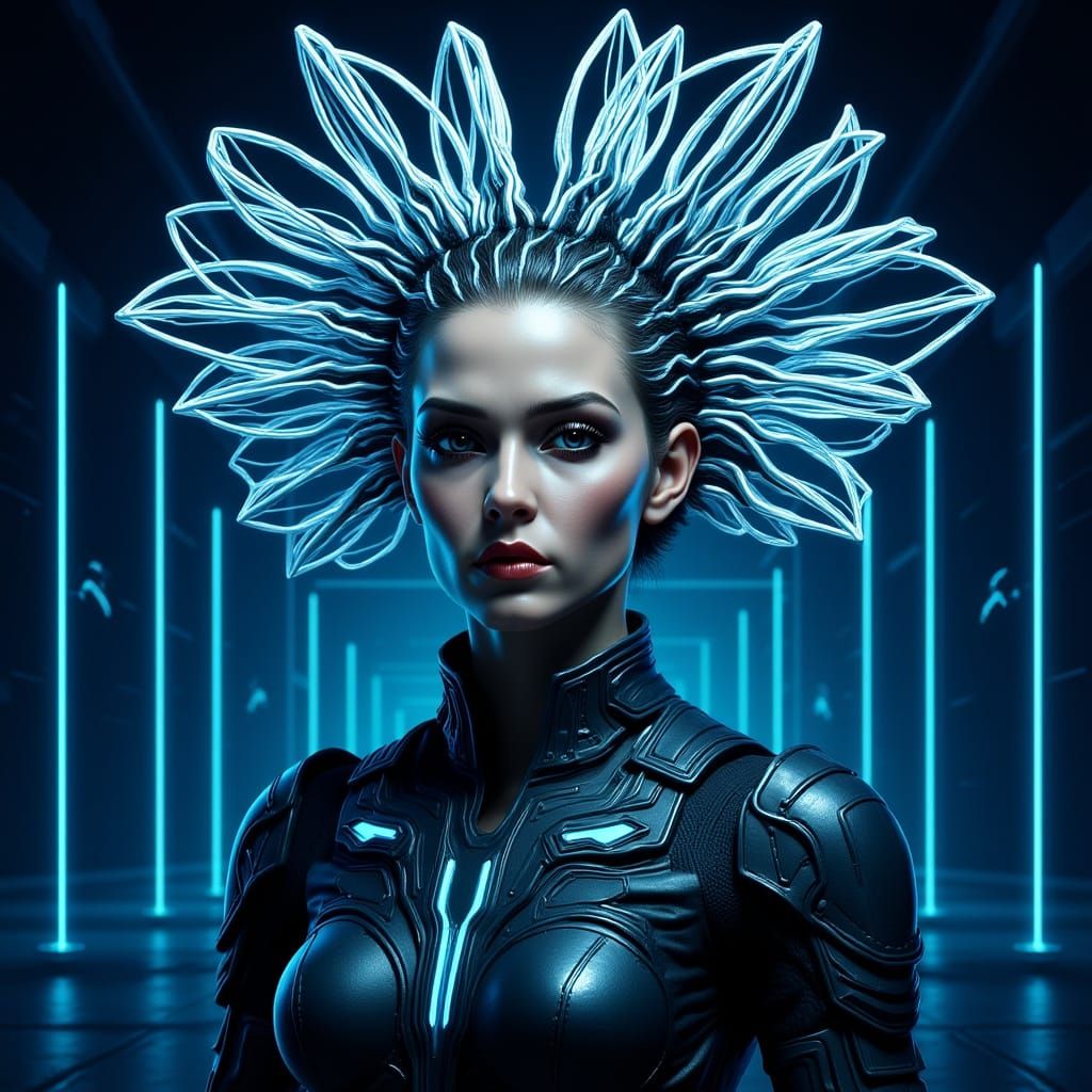 Futuristic Woman with Geometric Hair Sculpture
