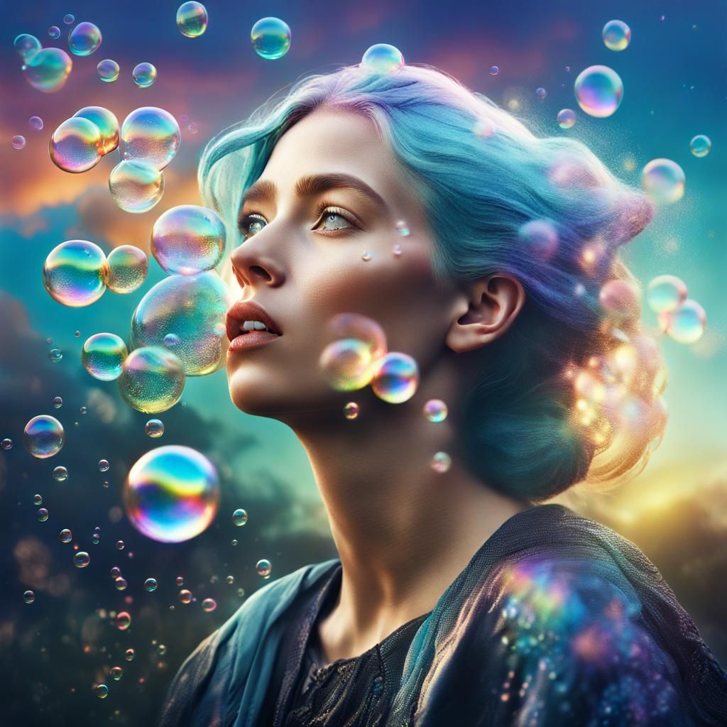 Iridescent Woman Blowing Bubbles in a Surreal Sky