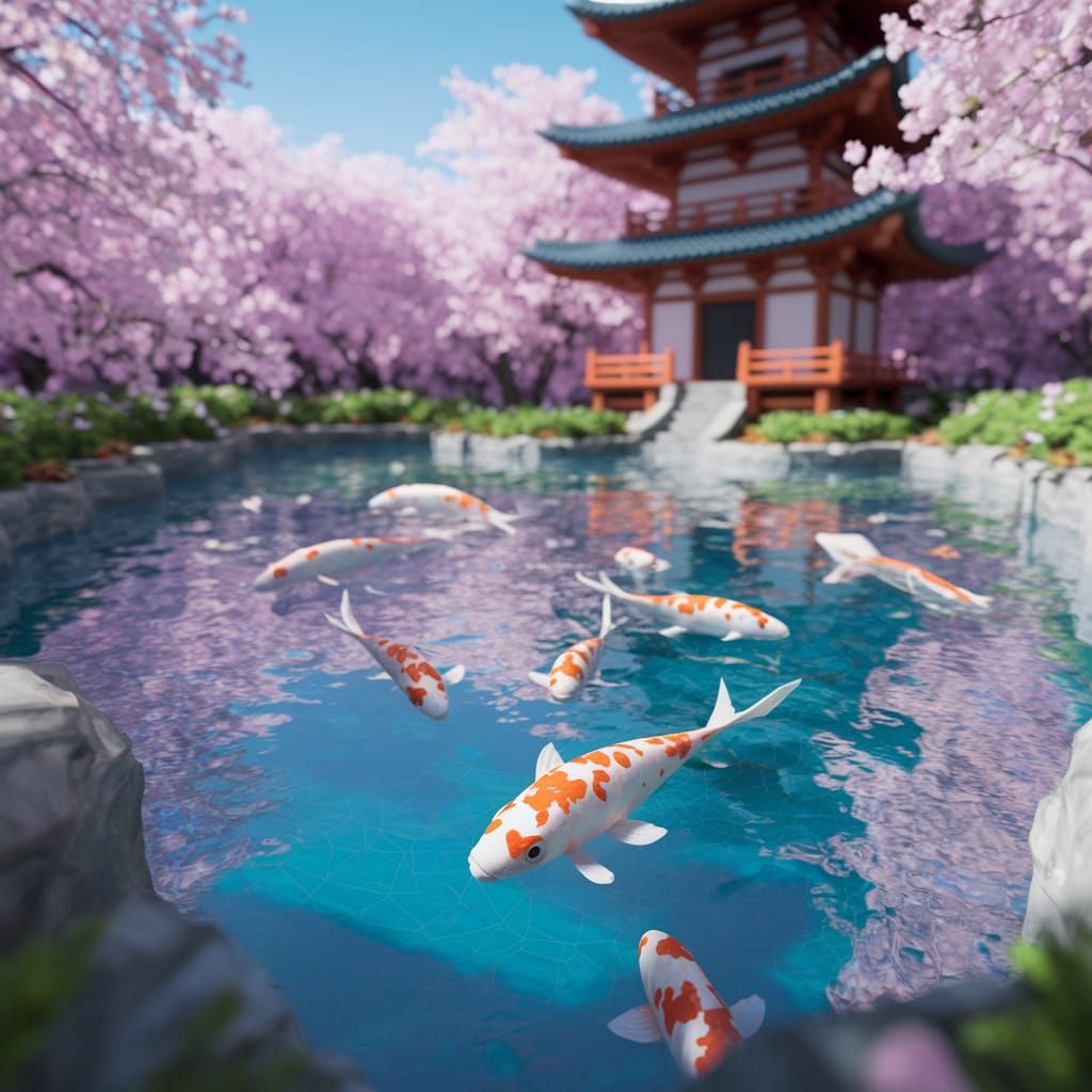 Surreal Japanese Garden Scene in Pastel Colors