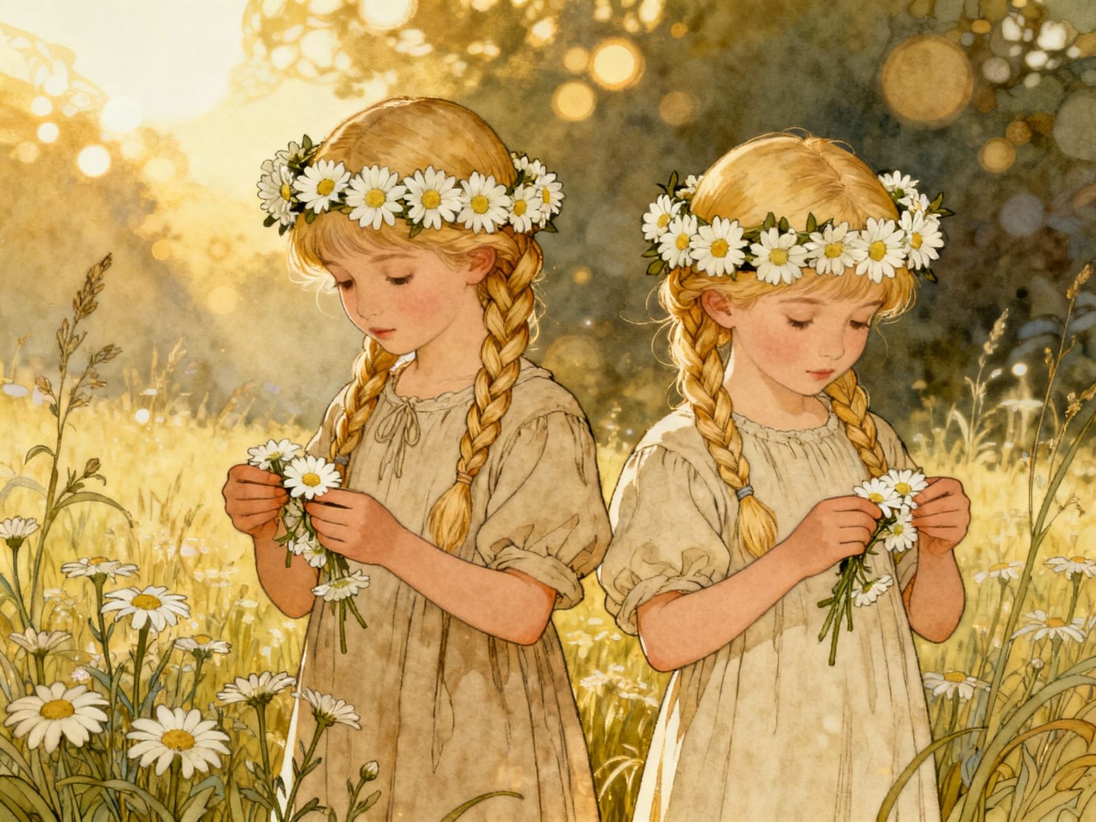 Cute Girls Craft Daisy Wreaths in Sunny Meadow