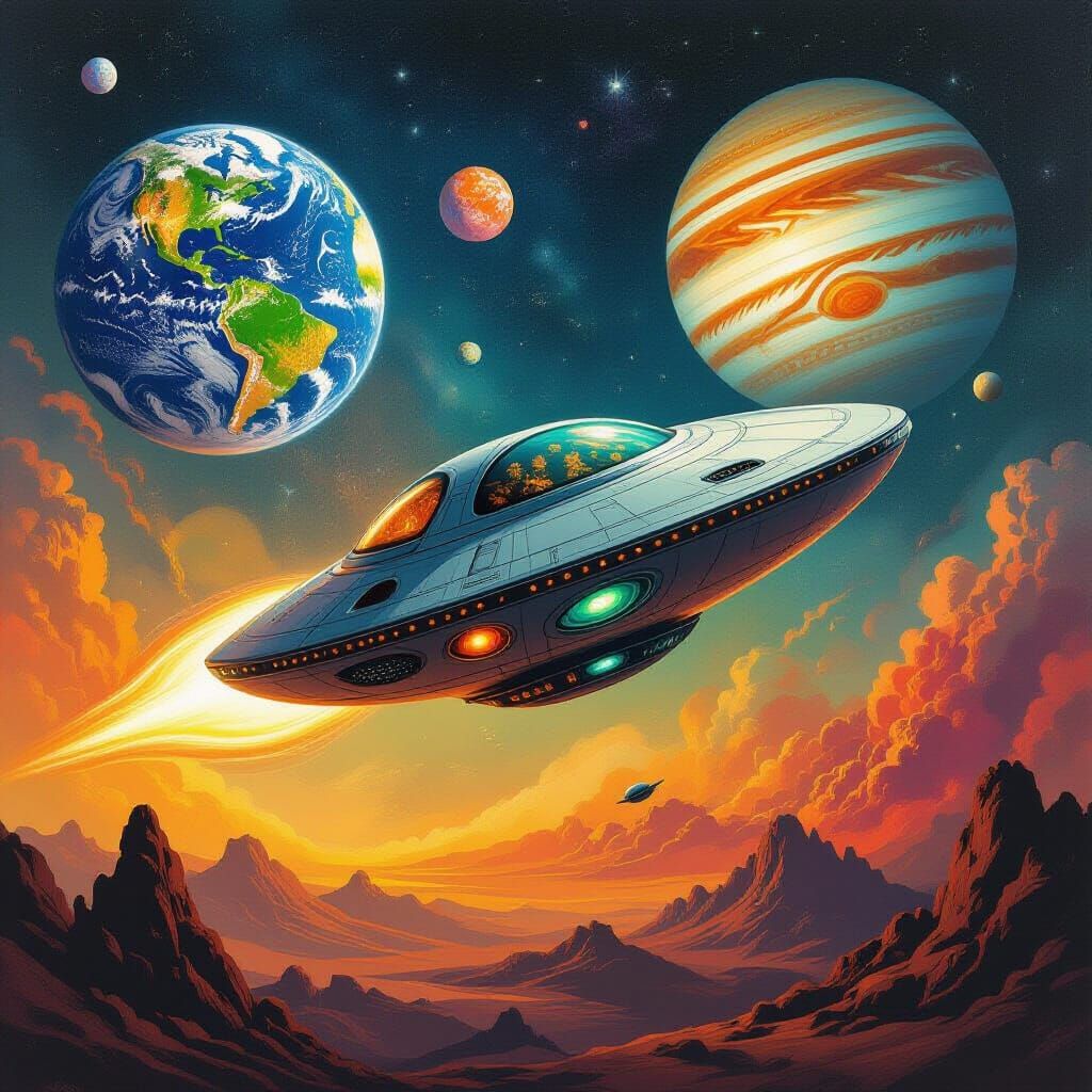 Mystical Spaceship with Planets in Gouache Style