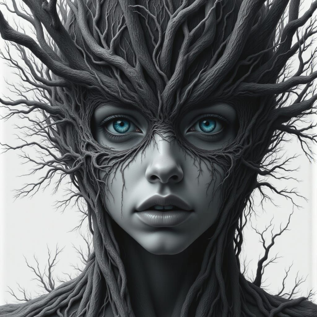 Charcoal Portrait of a Woman Emerging from a Tree