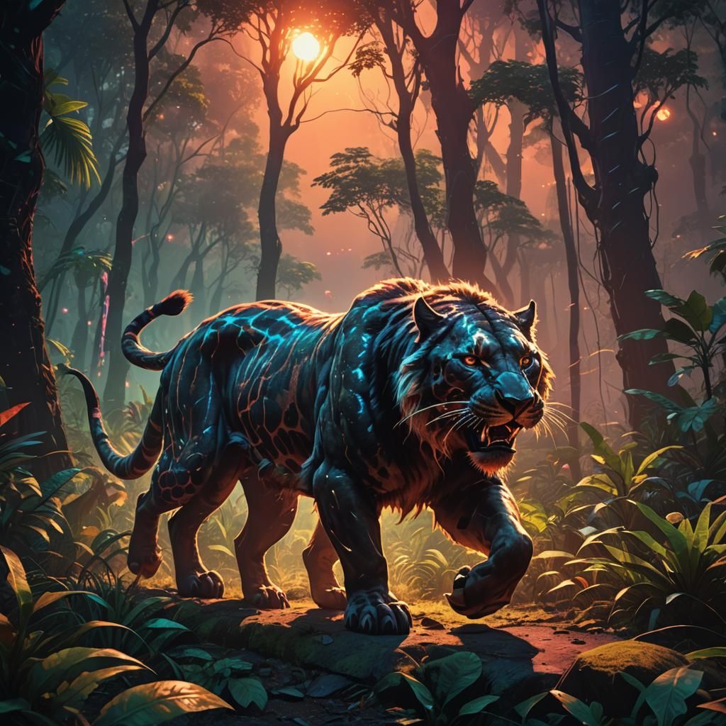 Smilodon Silhouette Hunting in Jungle at Sunrise