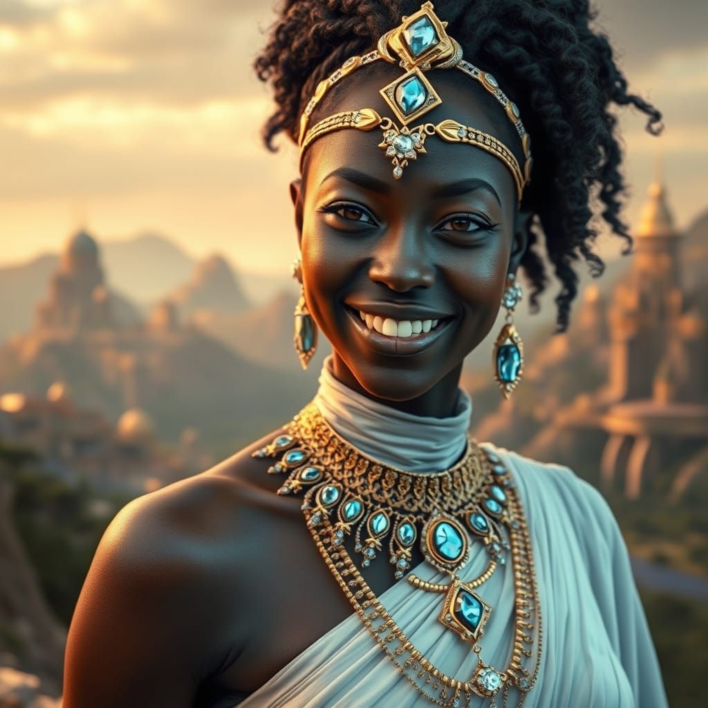 Surreal Princess of Lemuria in Futuristic Golden City