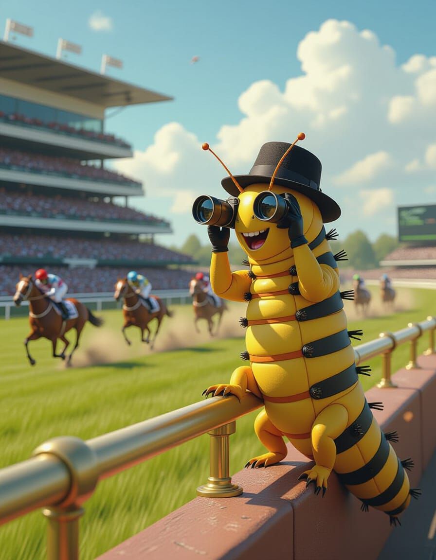 Caterpillar Cheers at Racetrack in Digital Art Style