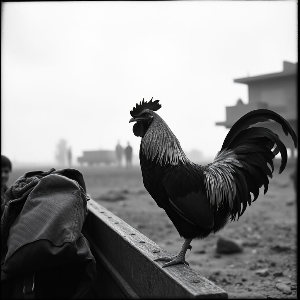 Wartime Rooster in Gritty Monochrome Realism