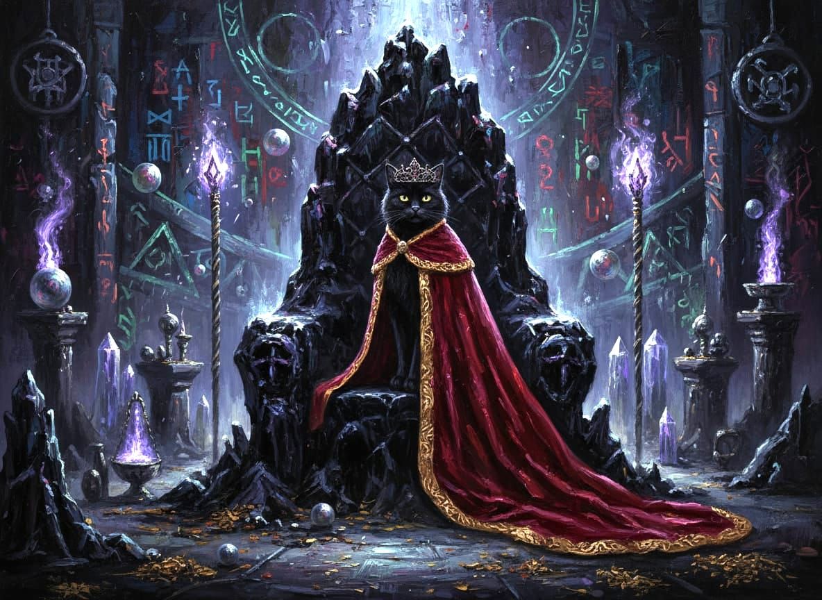 Regal Black Cat on Obsidian Throne in Arcane Chamber