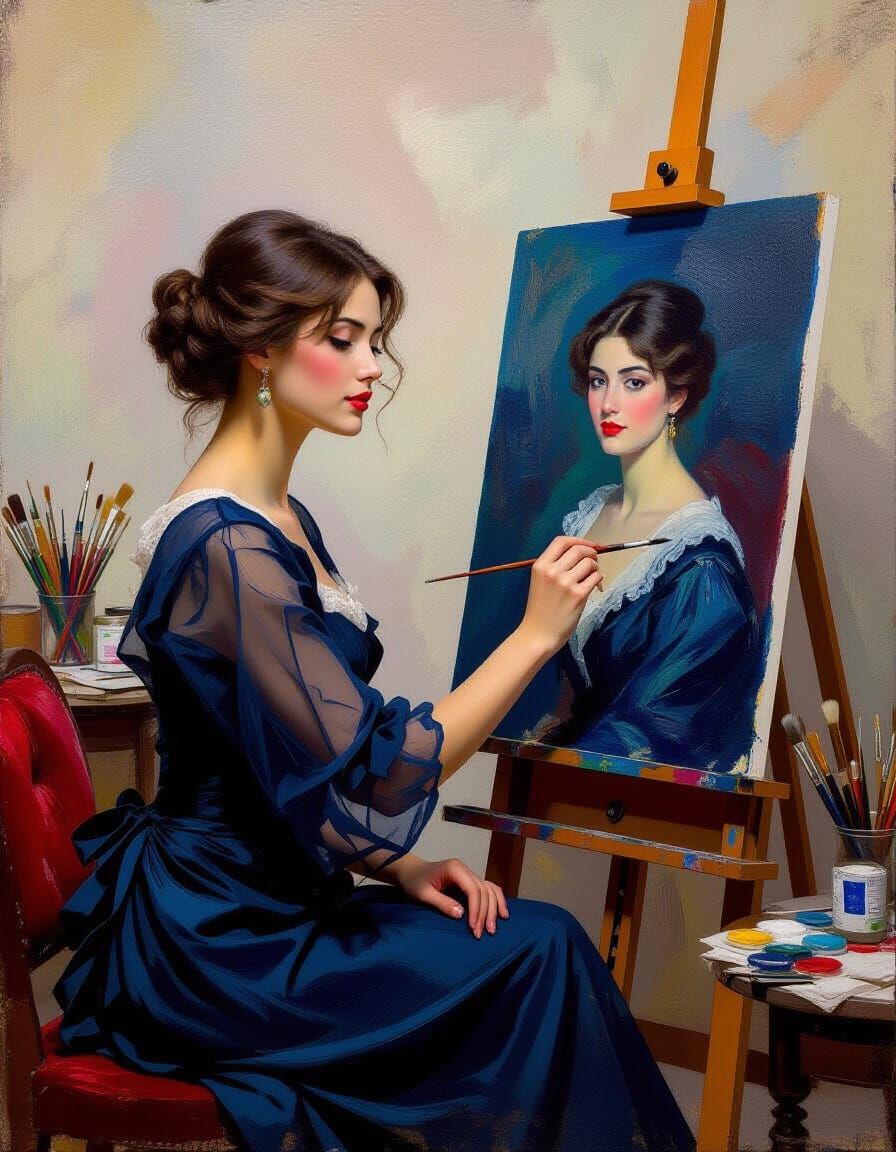 Elegant Artist Painting a Portrait in Impressionist Style