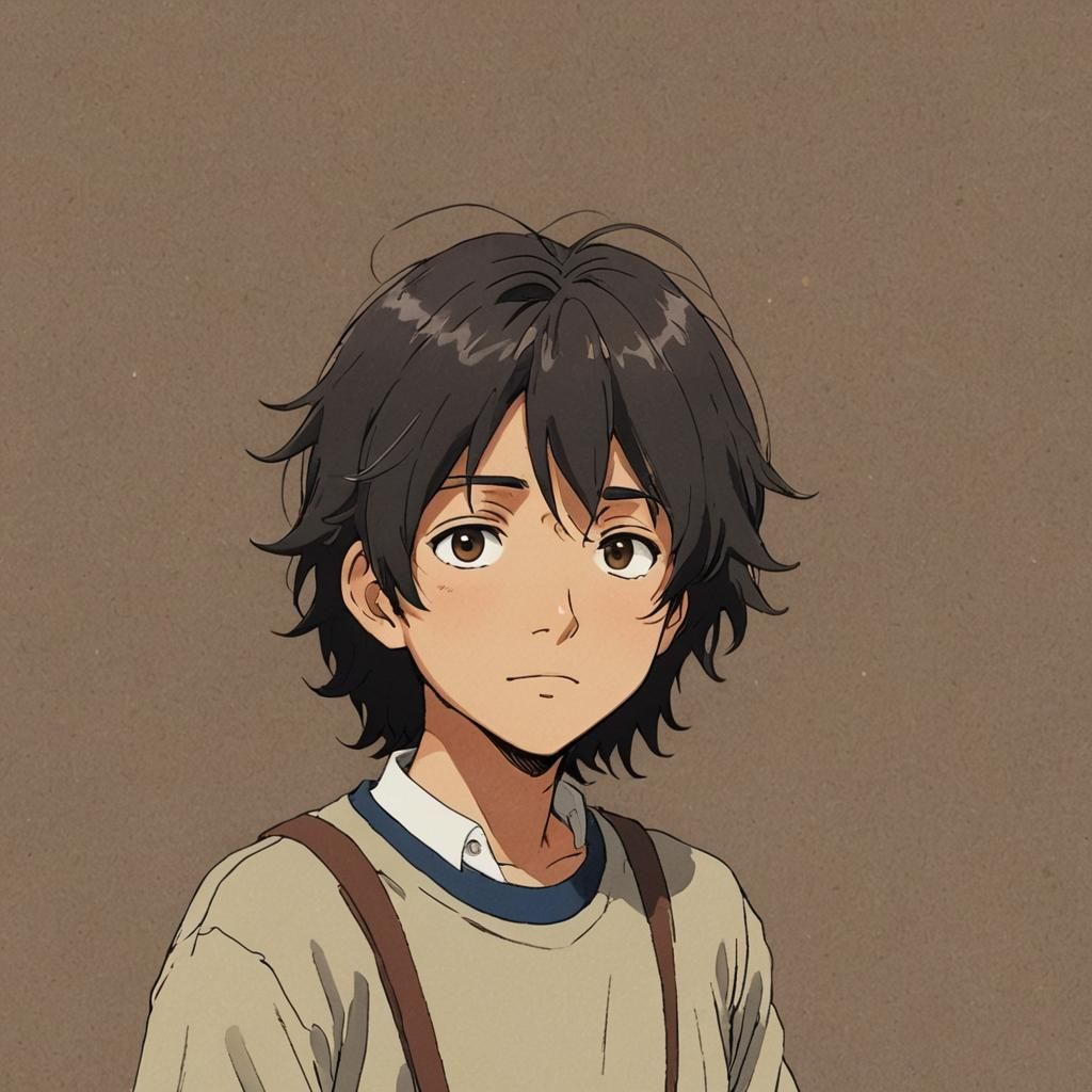 Studio Ghibli Style Brown Boy with Black Hair