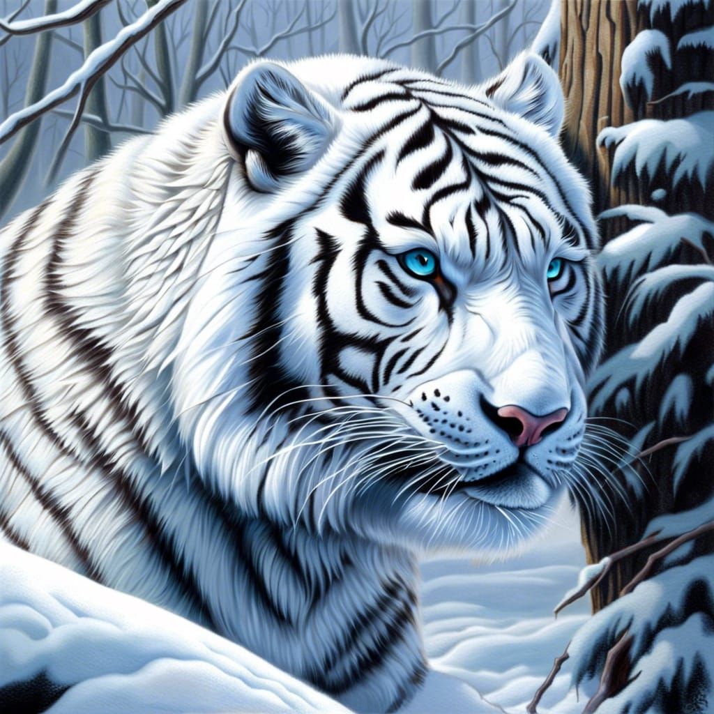 White Siberian Tiger in Snowy Forest: Airbrush Art