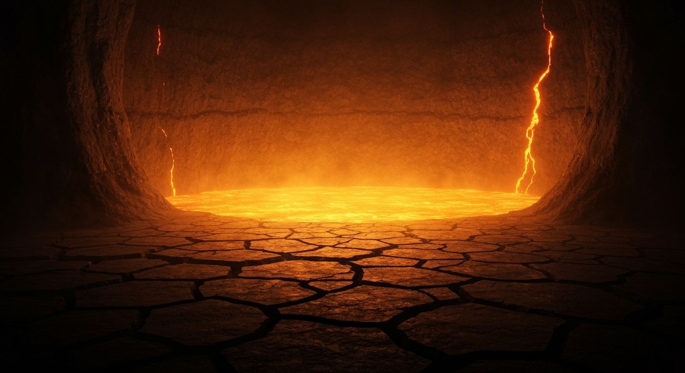 Glowing Orange Abyss in Dark Cavern, Sci-Fi Digital Painting