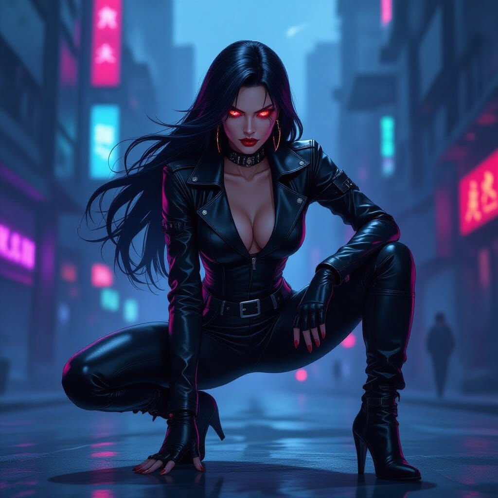 Cyberpunk Villainess in Futuristic Cityscape