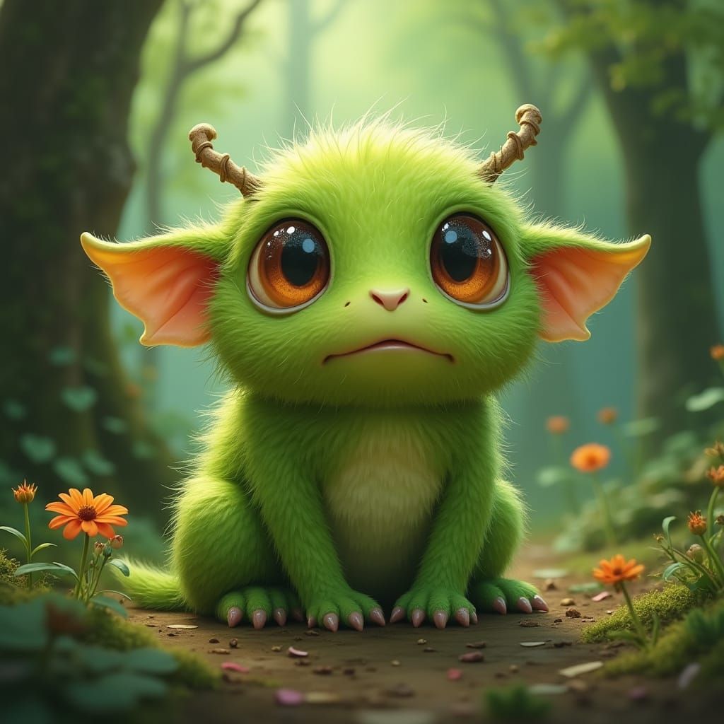 Fluffy Green Monster in Whimsical Forest