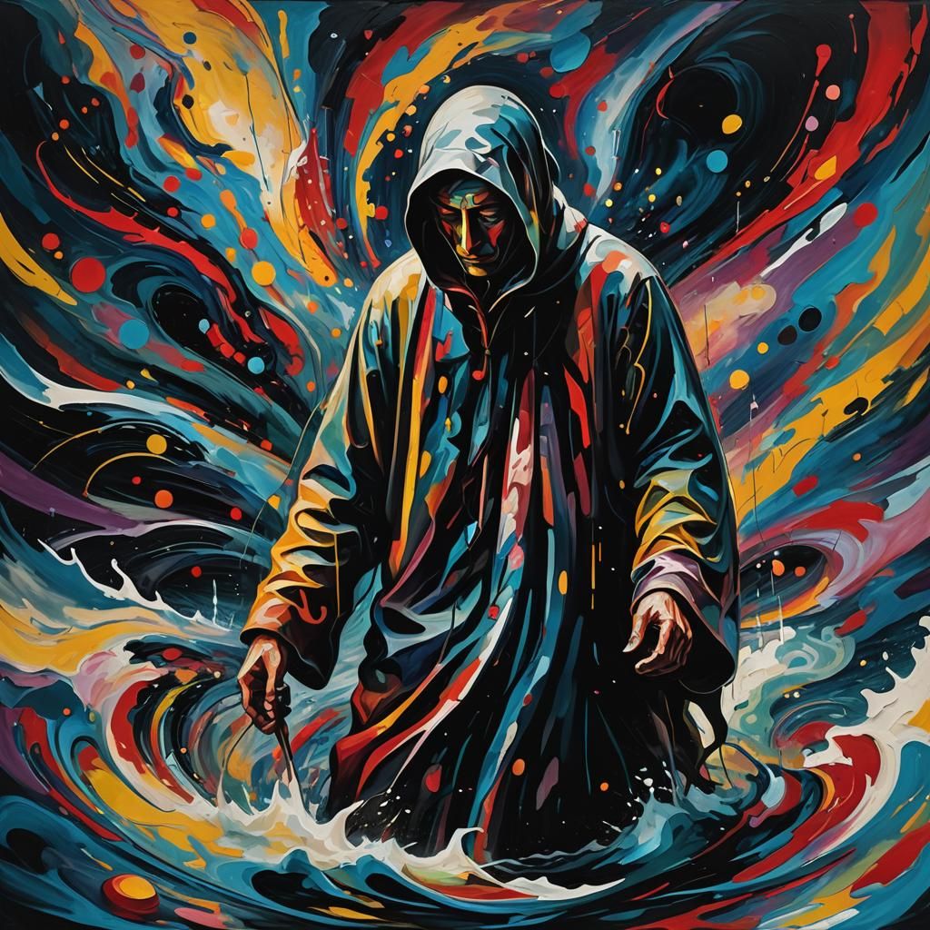 Surreal Figure on River of Swirling Color