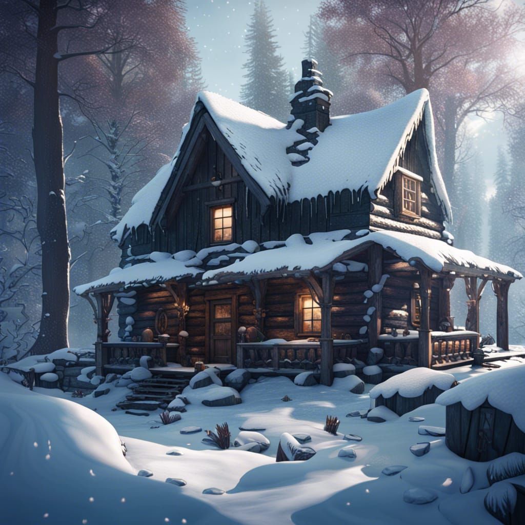 Thoreau Cabin in Winter Snow: Detailed Matte Painting