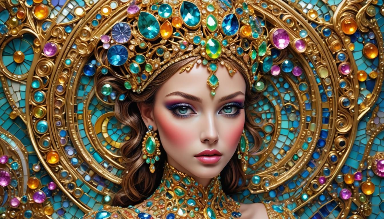 Elegant Supermodel in a Futuristic, Glittering, 3D-Gold-Trim...