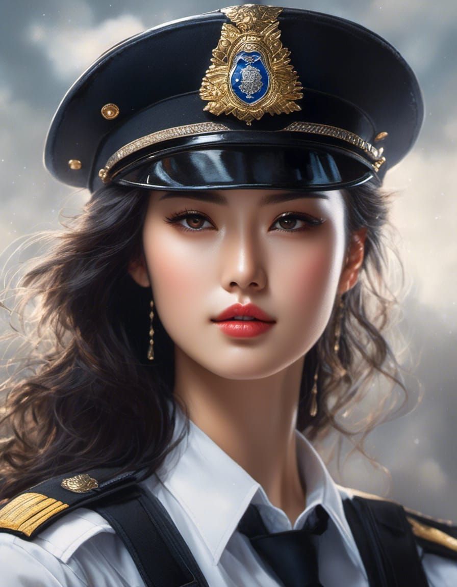 Beautiful Japanese Policewoman in Uniform, Digital Art