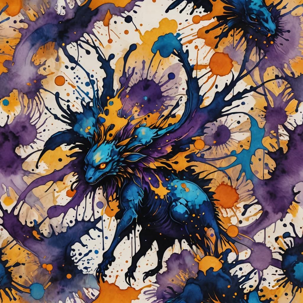 Mystical Ink Creature Splattering Art Nouveau Parchment