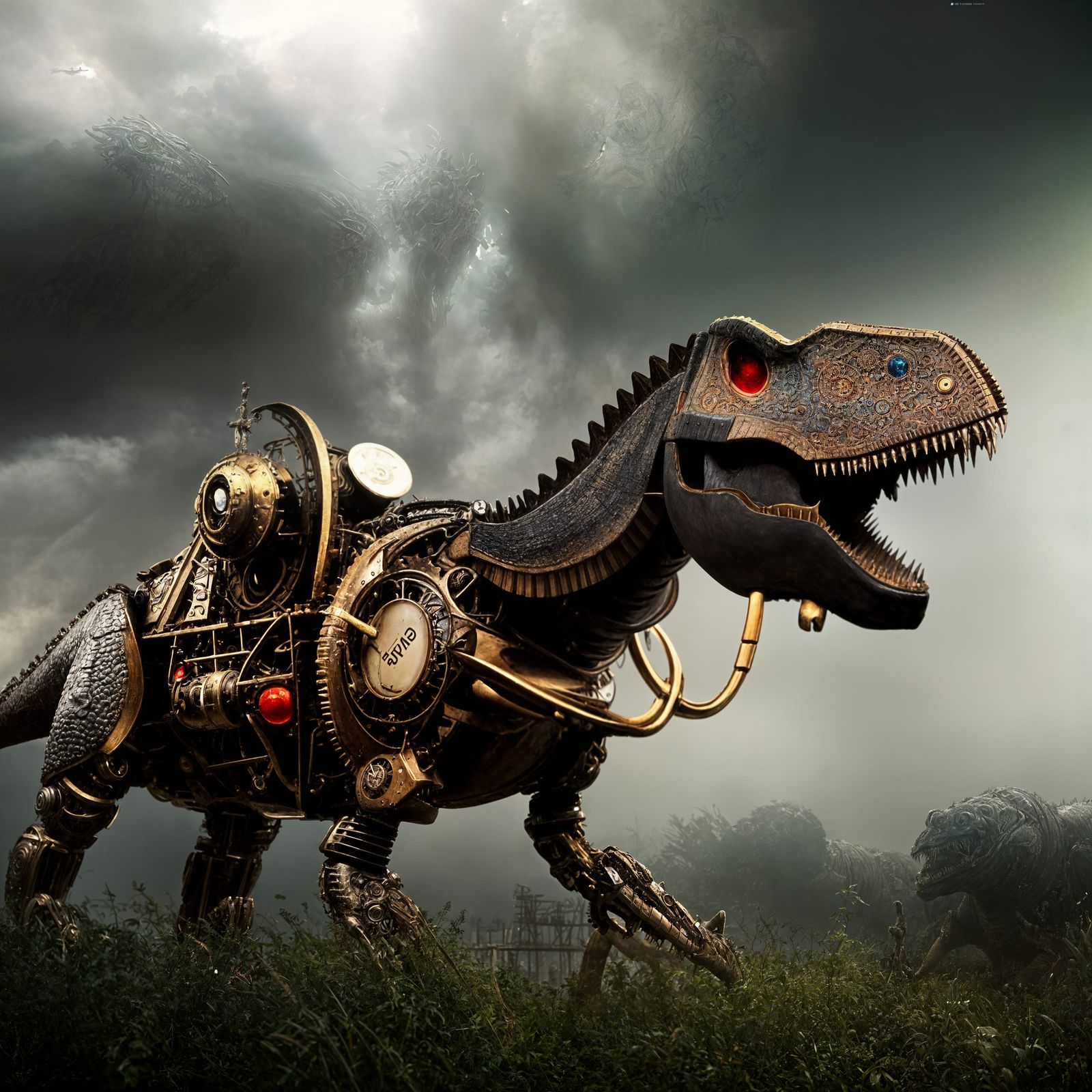 Steampunk Mechanical Dinosaur Portrait in Hyperrealistic Sty...