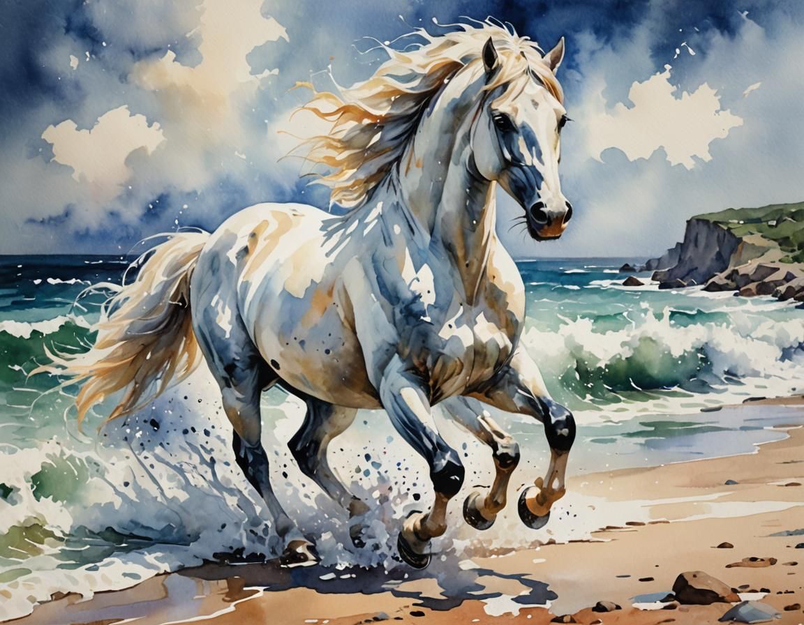 Majestic White Horse Galloping on Rocky Beach Watercolor