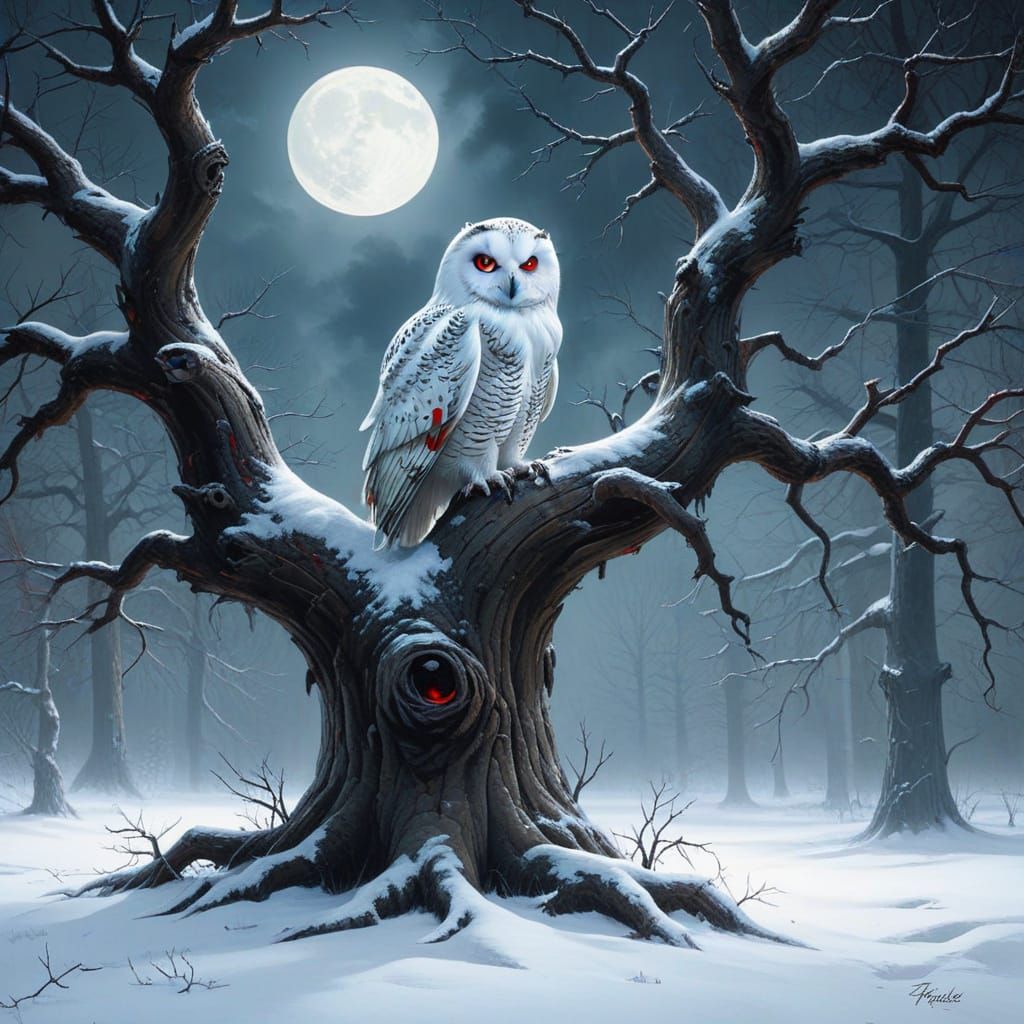 Ominous Owl in Dark Surrealist Oil Painting