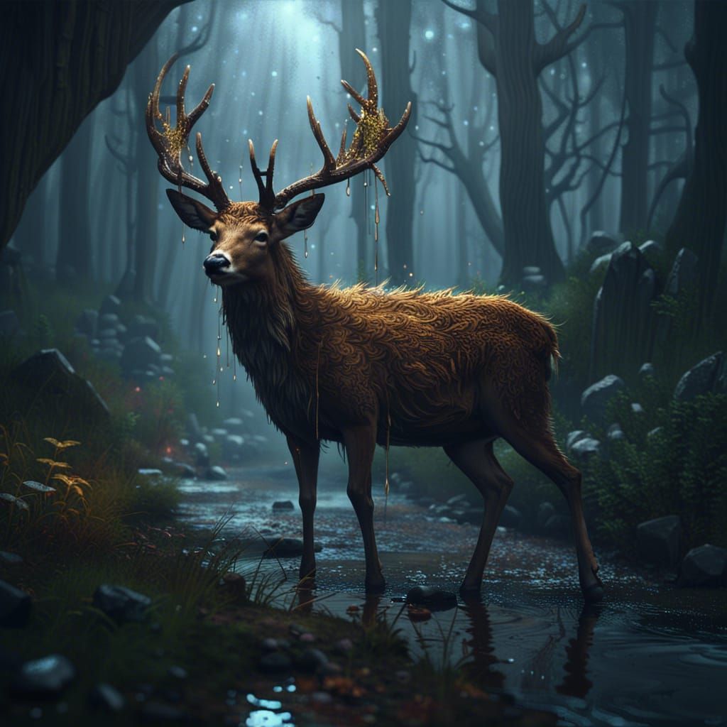 Deer in Rainy Forest: Dark Fantasy Art