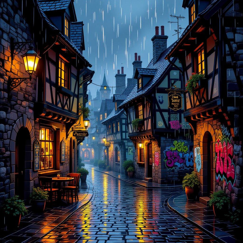 Rainy Evening in Medieval Town with Graffiti Art
