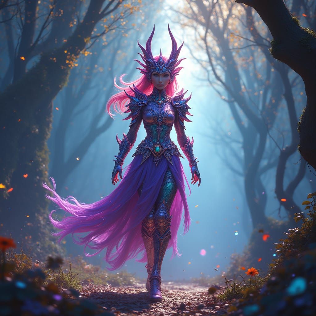 Vibrant Armor Maiden in a Dreamlike Realm