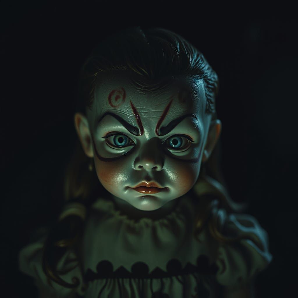 Menacing Porcelain Doll in Dark Horror Style
