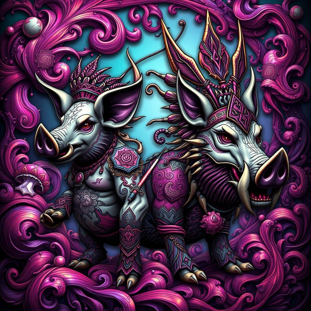 Tribal Boar-Shaman Tattooist with Piercings in 3D Shading