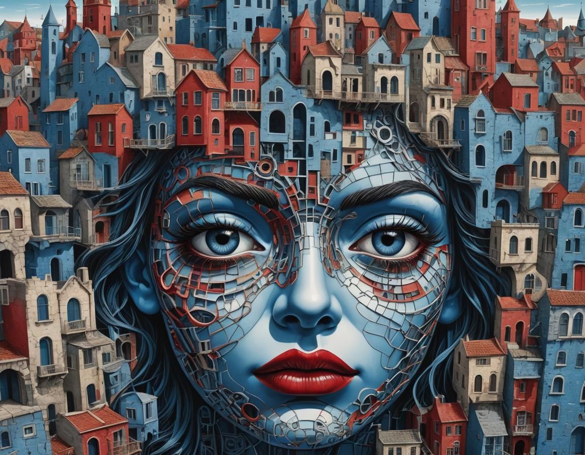 Surreal Face Made of Buildings in Dreamlike Landscape