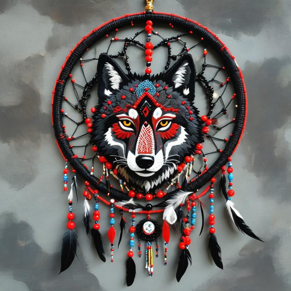 Dreamcatcher with Wolf, Cosmic Visionary Beadwork