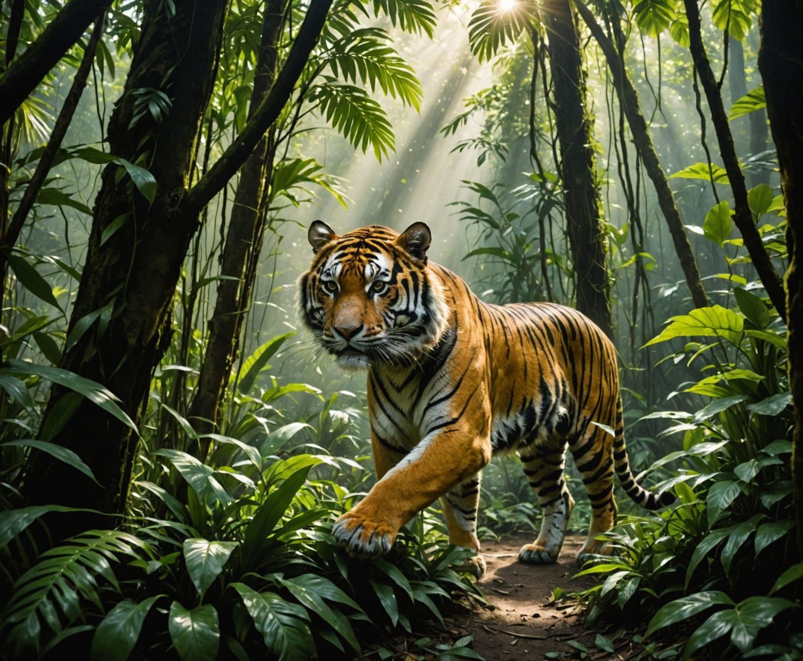 A tiger prowling through dense jungle foliage, shafts of lig...