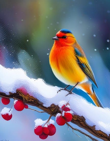 Colorful Bird in Snowy Winter Landscape