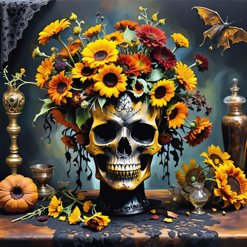 Gothic Still Life with Skull Vase in Alchemy Shop