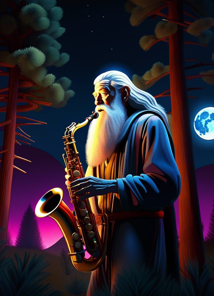 Gandalf Plays Saxophone at Night: Digital Art