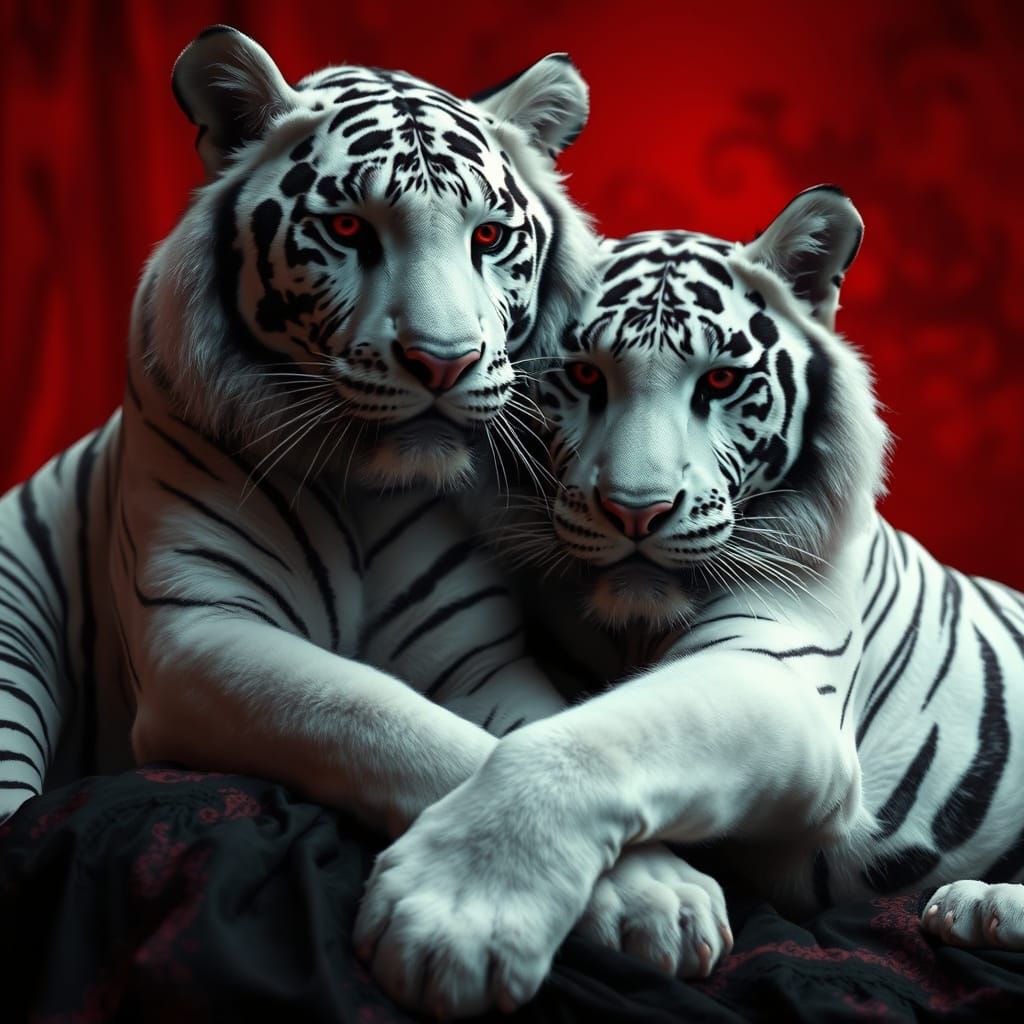 Regal Tiger and Enchanting Woman in Crimson Dreamscape