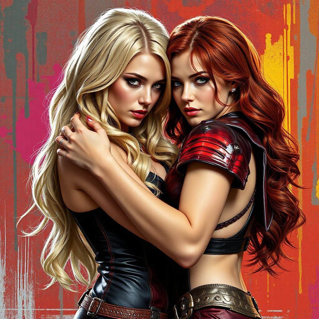 Elektra and Scarlet Witch Embrace: Hyperrealistic Art