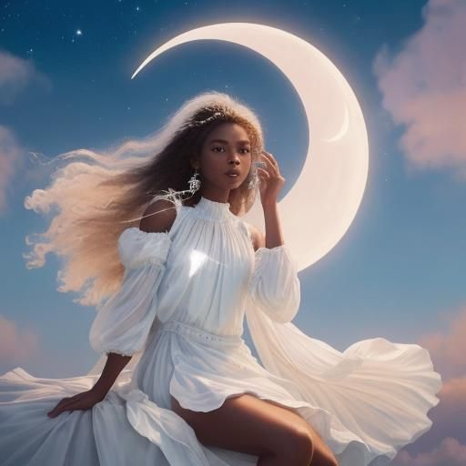 Ethereal Woman on Moon in Dreamy Pastel Sky