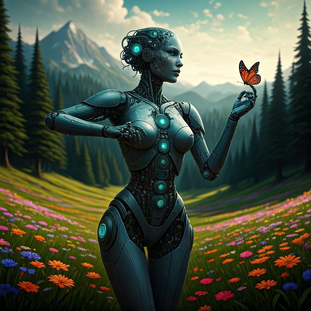 Cyborg in Meadow with Butterfly in Sci-Fi Style