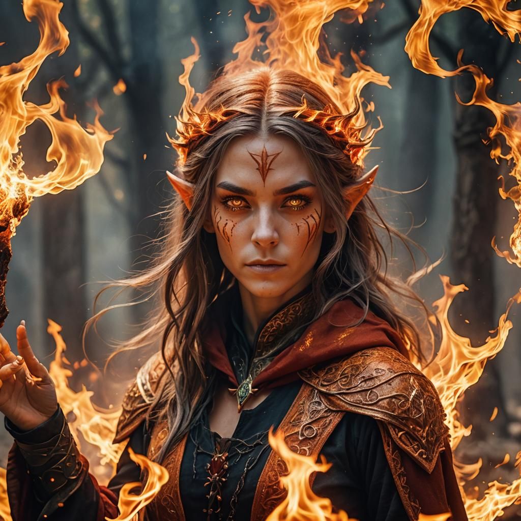 Fiery Female Elf Sorcerer Casting Fireball Spell